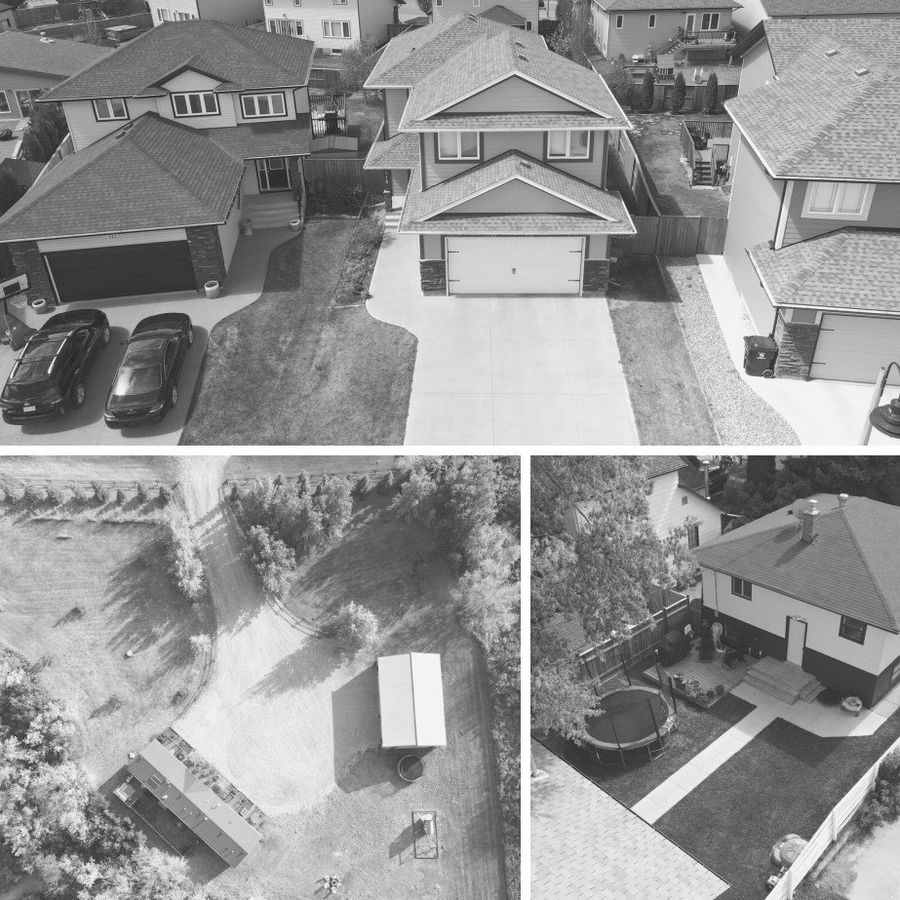 Drone photo showing a home, lot and neighbourhood from above