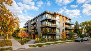 Modern four-storey Saskatoon condo with brick and wood exterior, glass balconies, and autumn trees under a blue sky