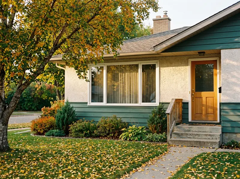 Mid-century stucco bungalow with a picture window and fall leaves on the lawn in Adelaide/Churchill