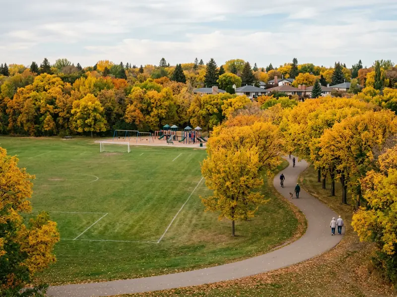 Neighbourhood park with a playground, sports field and fall trees along a path in Adelaide/Churchill