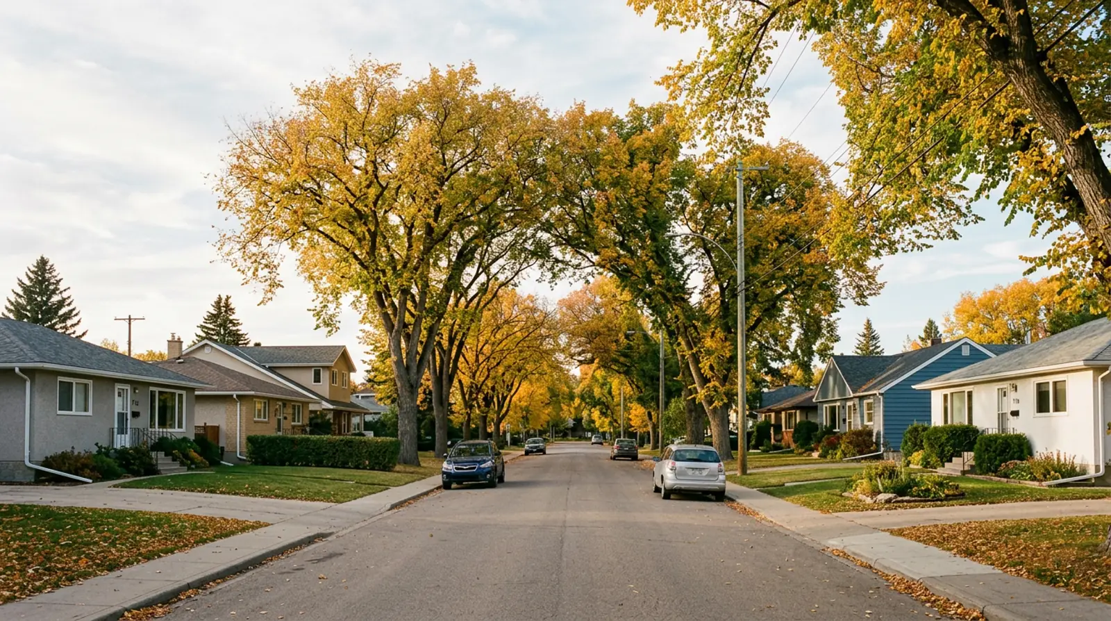 Quiet Adelaide/Churchill street with 1950s bungalows under tall elms turning gold in fall, Saskatoon