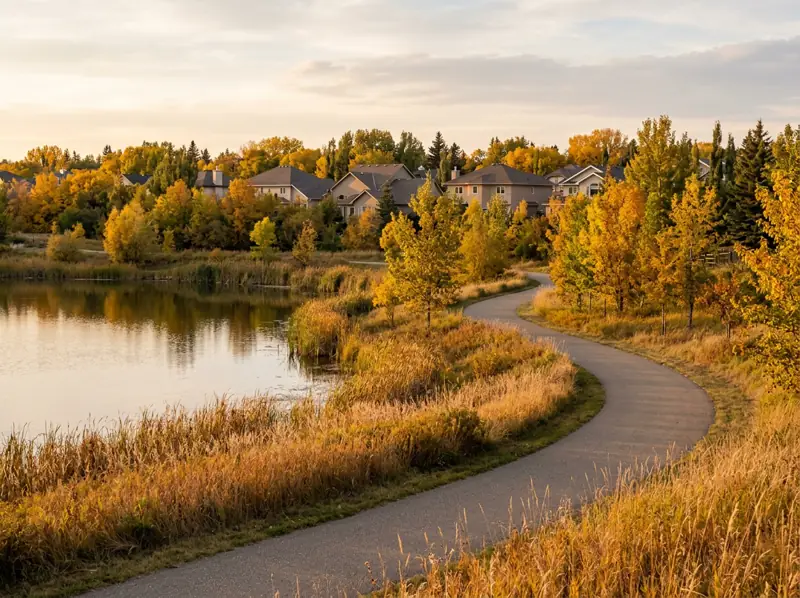 Paved path curving around a calm pond with fall trees and homes behind in Arbor Creek