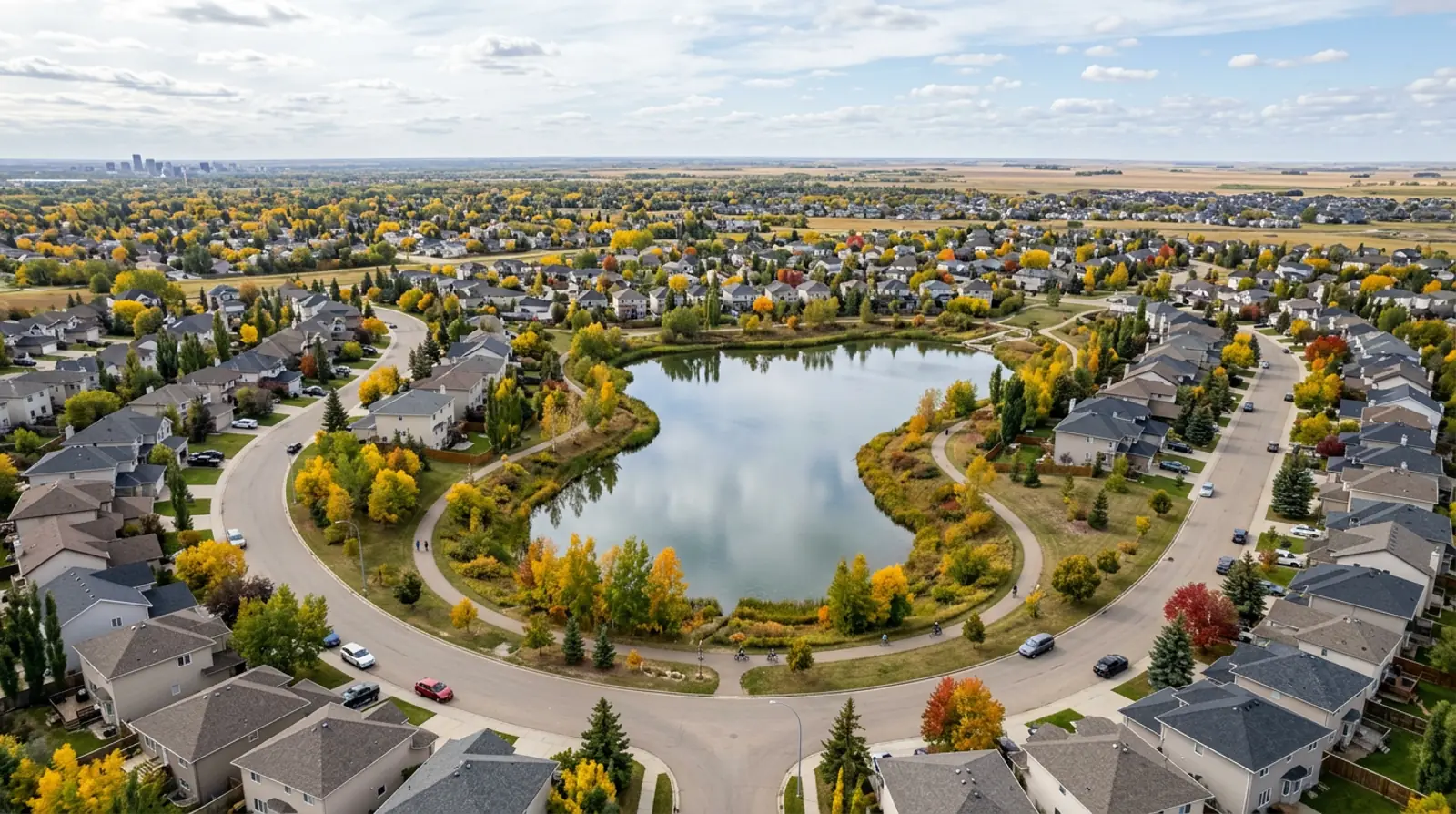 Aerial of Arbor Creek crescents with early-2000s family homes around a pond with a walking path, Saskatoon