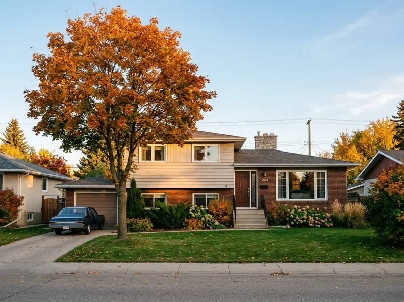 1960s split-level home with a brick front and a mature orange fall tree in Avalon, Saskatoon