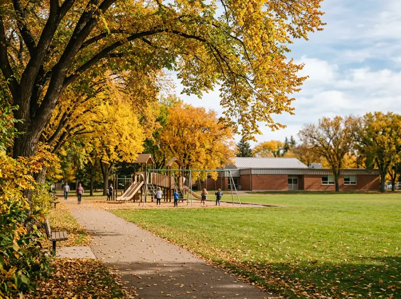 Park playground and open field with a tree-lined walking path in fall colours in Avalon