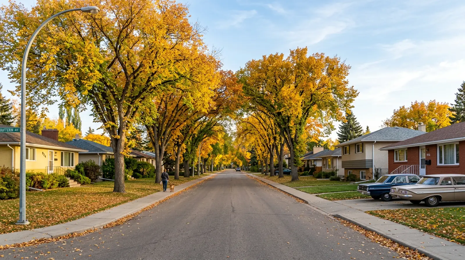 Avalon street of 1950s and 1960s bungalows and split-levels under mature fall trees in Saskatoon