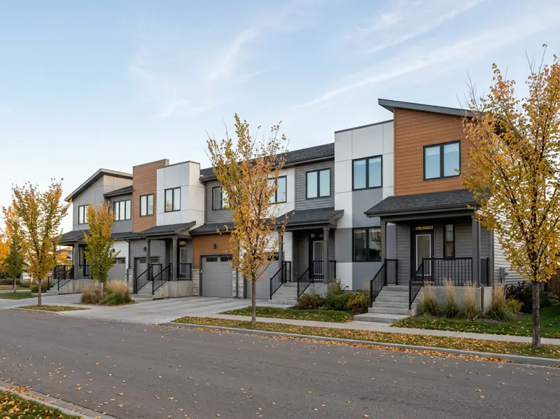 Row of modern two-storey condo townhomes with young yellow fall trees in Blairmore, Saskatoon