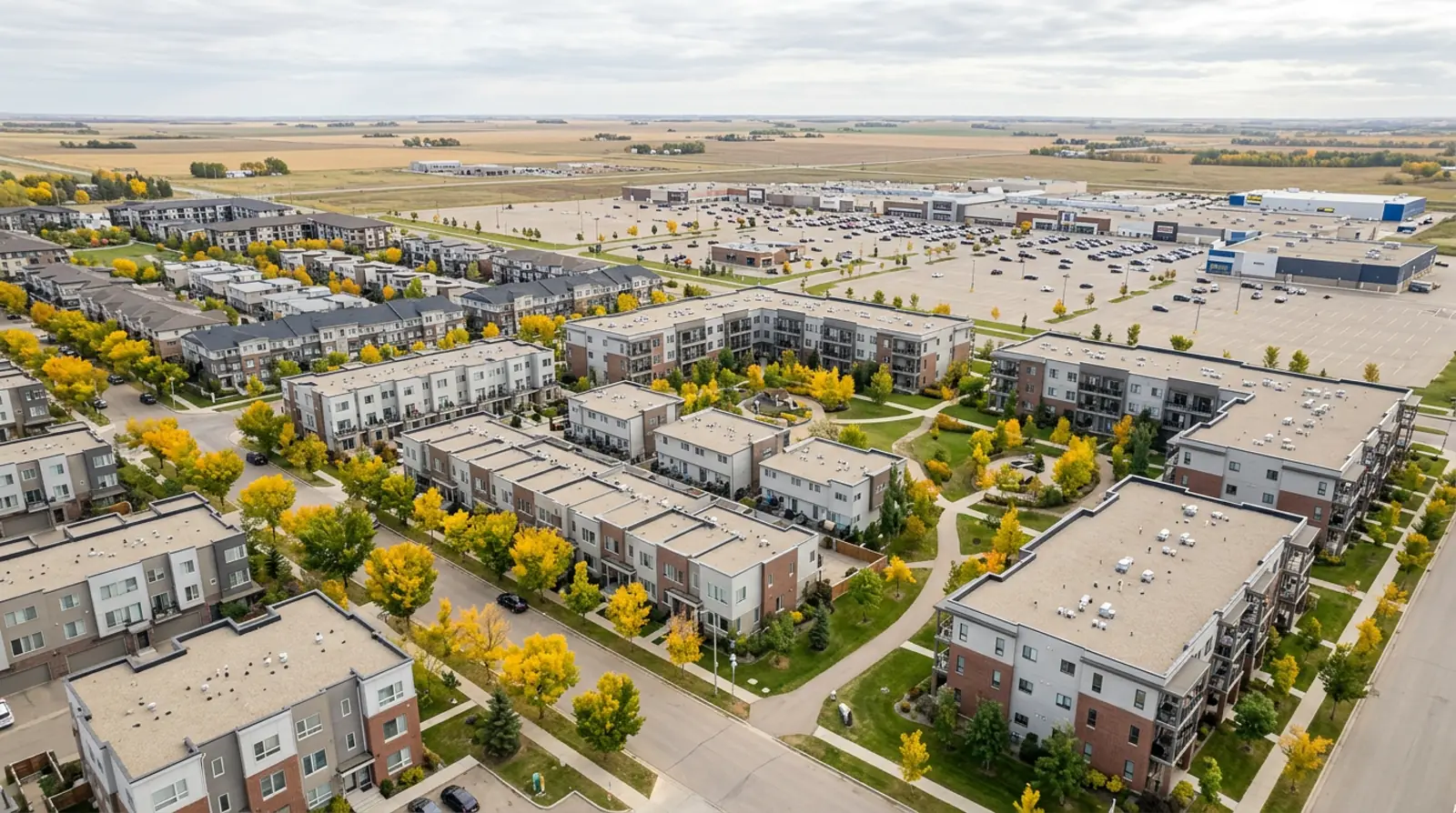Aerial of newer Blairmore townhome rows and low-rise condo buildings with young fall trees, Saskatoon