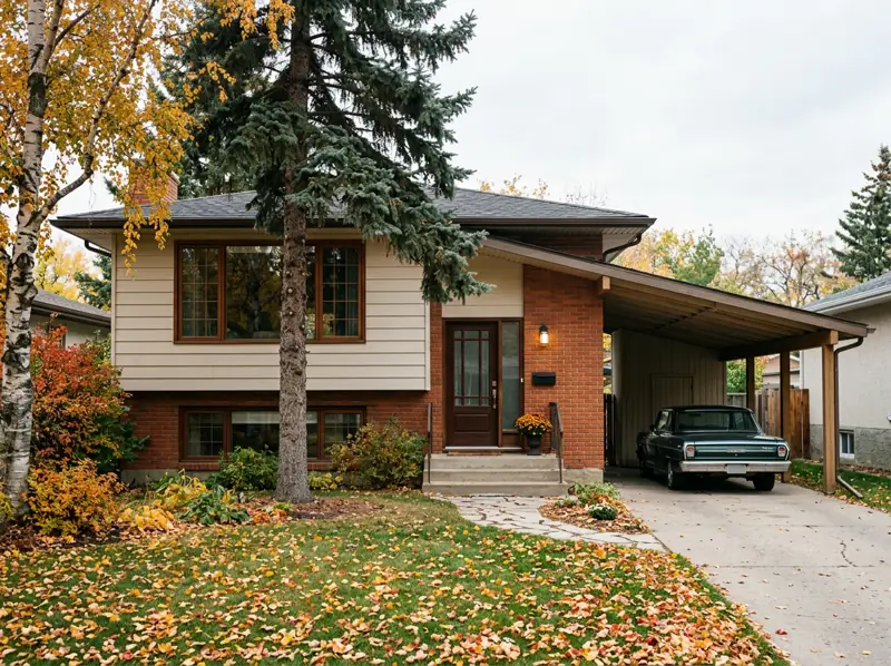 1960s split-level home with brick facade and mature spruce on a fall day in Brevoort Park, Saskatoon