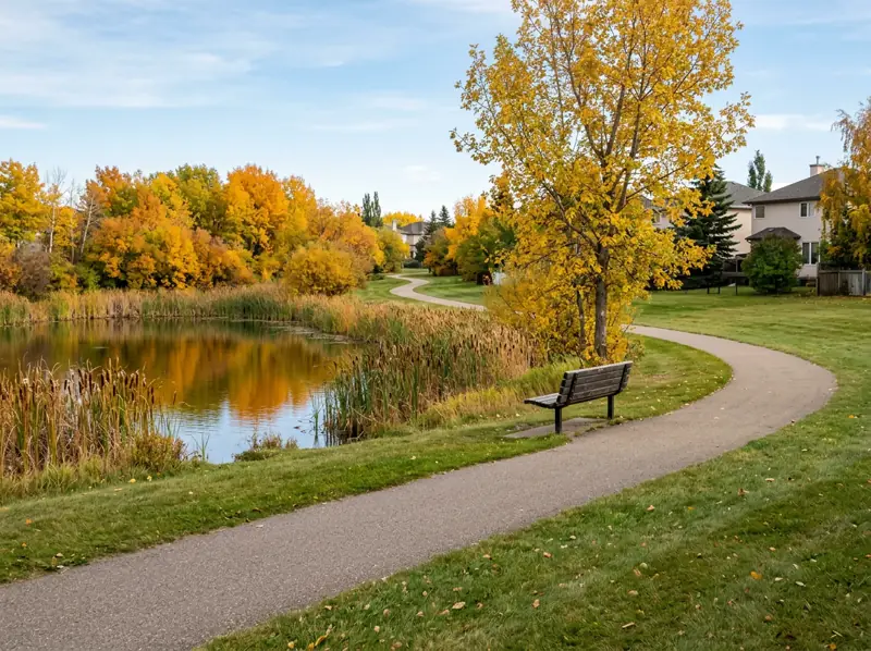 Paved path through Briarwood Linear Park beside a pond with cattails and yellow fall trees in Saskatoon