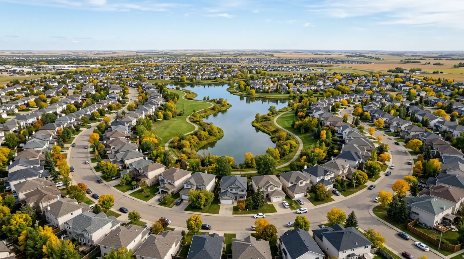 Aerial of Briarwood homes and crescents curving around a small lake with fall trees in Saskatoon