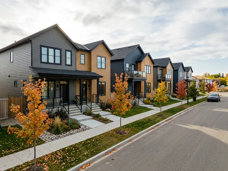 Modern semi-detached homes and townhomes with mixed siding and young fall trees in Brighton, Saskatoon