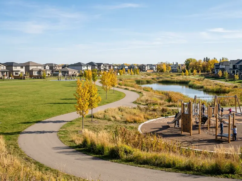 Brighton park with modern playground, stormwater pond, paved path and young fall trees in Saskatoon