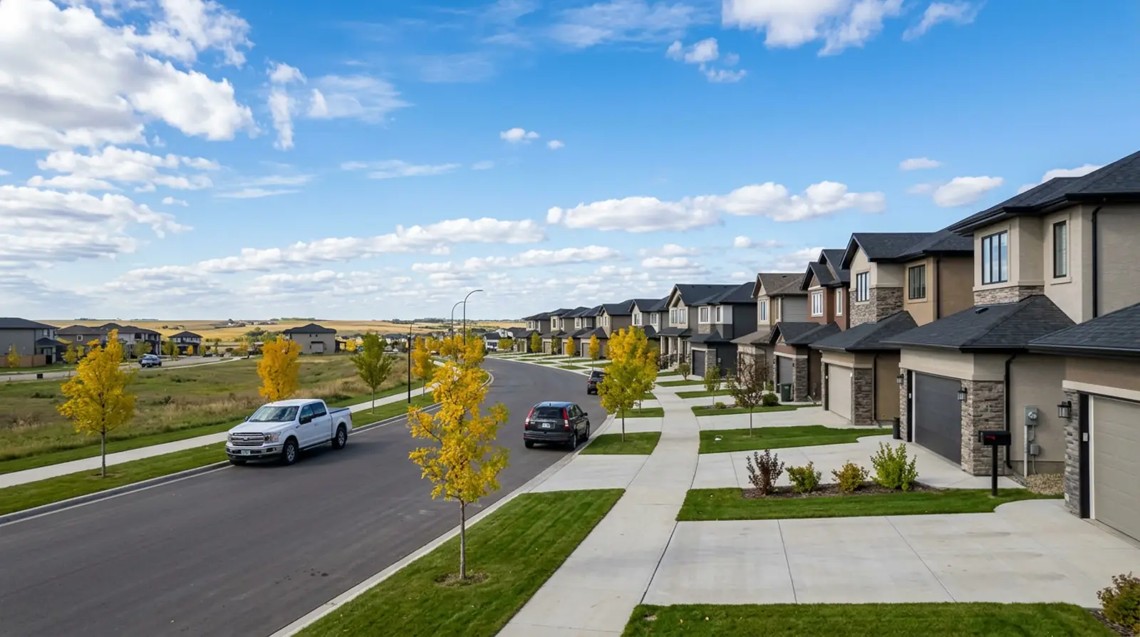 New two-storey homes and semi-detached duplexes with young fall trees on a wide Brighton street in Saskatoon