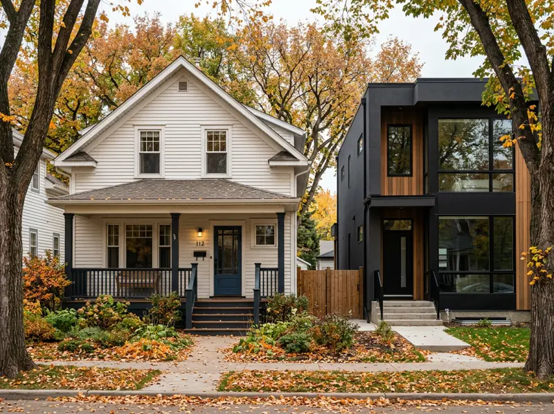 1920s character home with covered porch beside a modern semi-detached infill in Buena Vista, Saskatoon