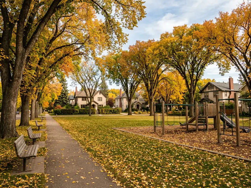 Buena Vista Park playground and lawn under mature fall elms with older homes at the edge in Saskatoon