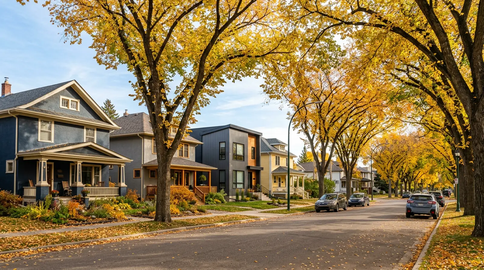 Mature Buena Vista street with character homes, a newer infill house and yellow fall elms in Saskatoon
