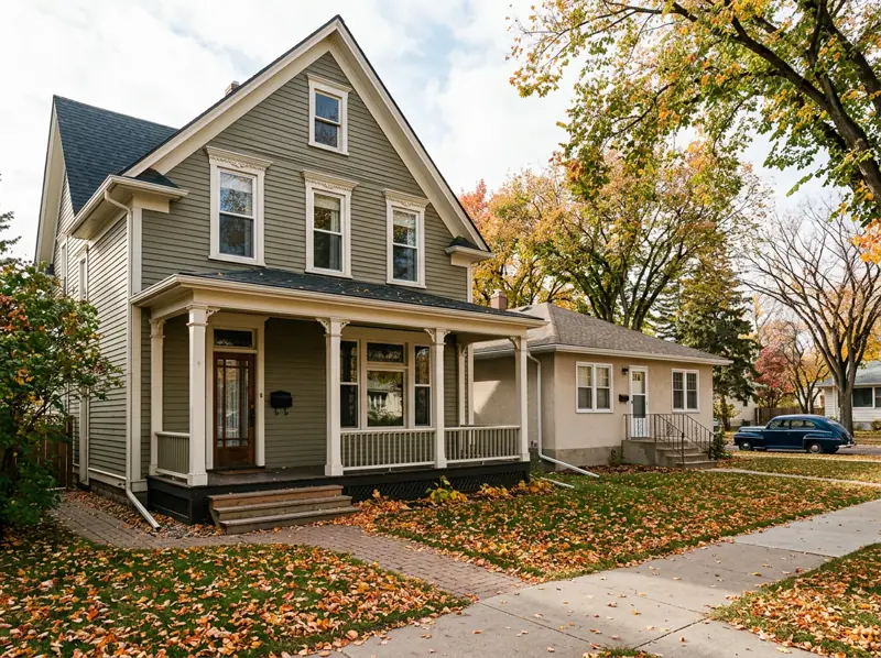 Early 1900s character home with wide veranda beside a 1940s bungalow in Caswell Hill, Saskatoon