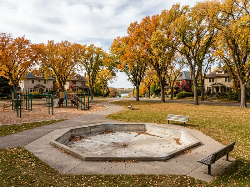 Ashworth Holmes Park playground, paddling pool and fall elms in Caswell Hill, Saskatoon