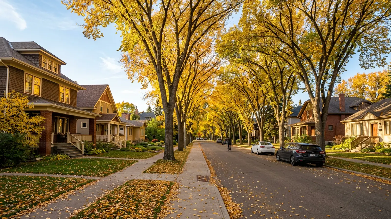Caswell Hill street of early 1900s character homes and bungalows under a canopy of yellow fall elms, Saskatoon
