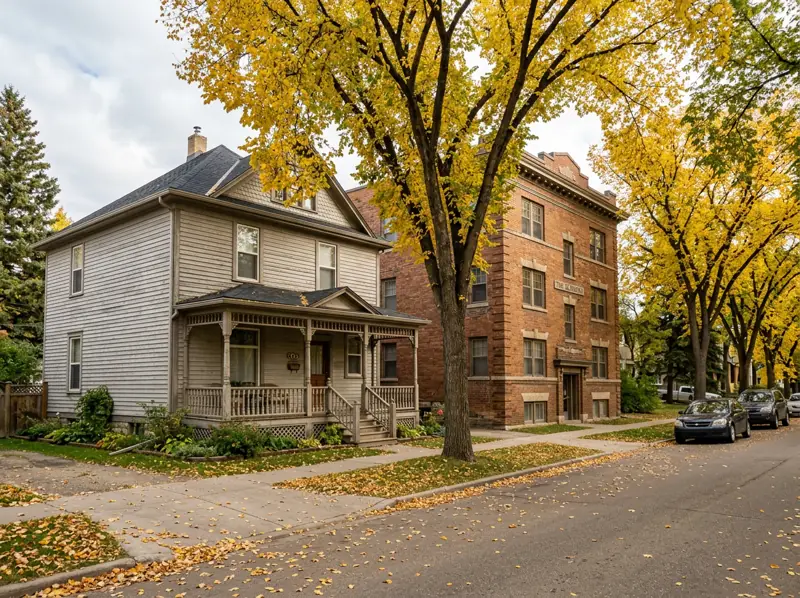 Early 1900s character house with a front porch next to a brick walk-up apartment in City Park, Saskatoon