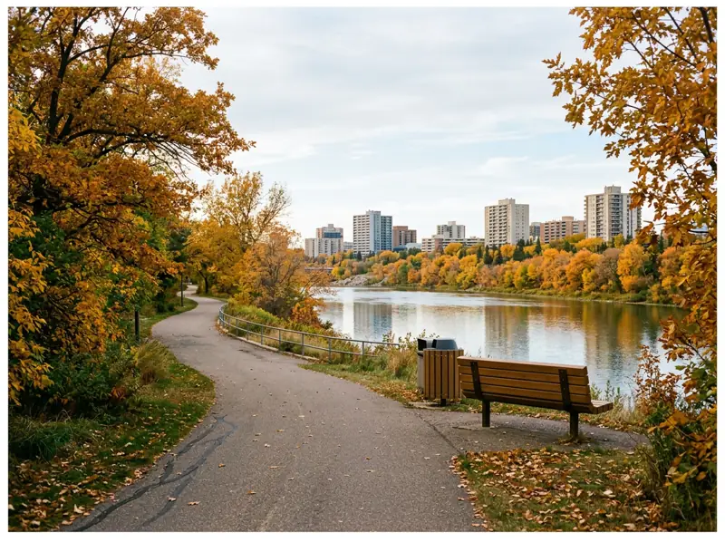 Riverside walking path with benches and gold fall trees near apartment buildings in City Park