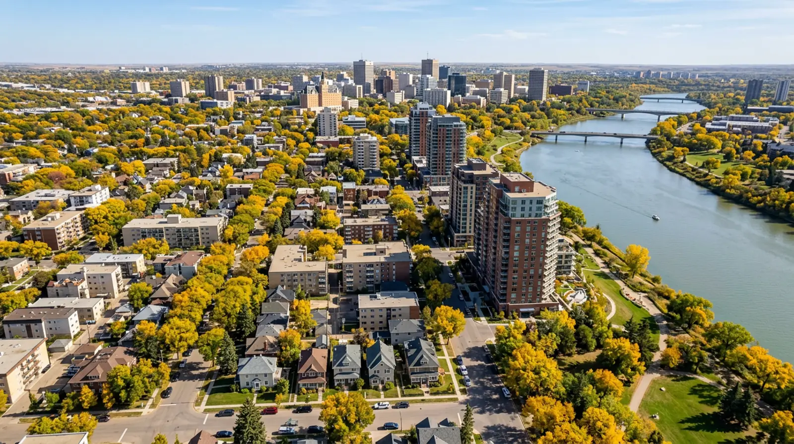 Aerial view of City Park apartments, character houses and gold fall trees beside the river in Saskatoon