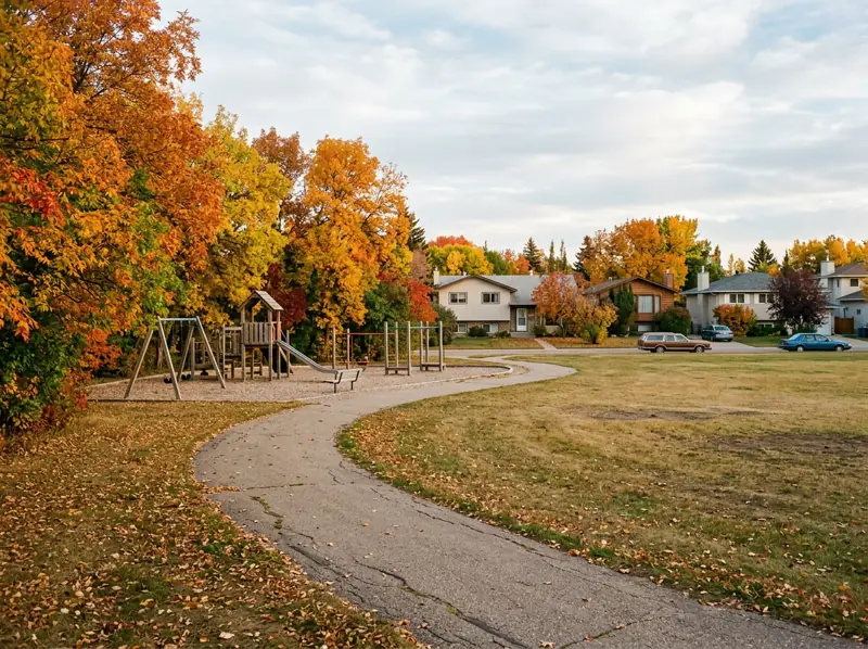 Paved path past a playground and sports field with orange fall trees in Dundonald Park, Saskatoon