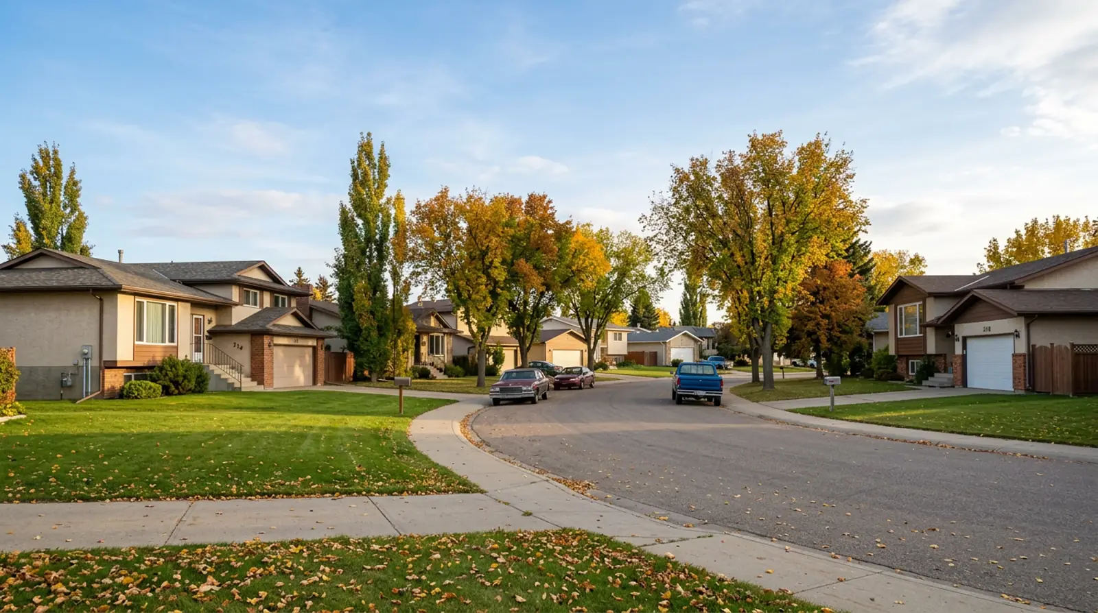 Dundonald crescent of 1980s bi-level homes with attached garages and yellow fall trees in Saskatoon