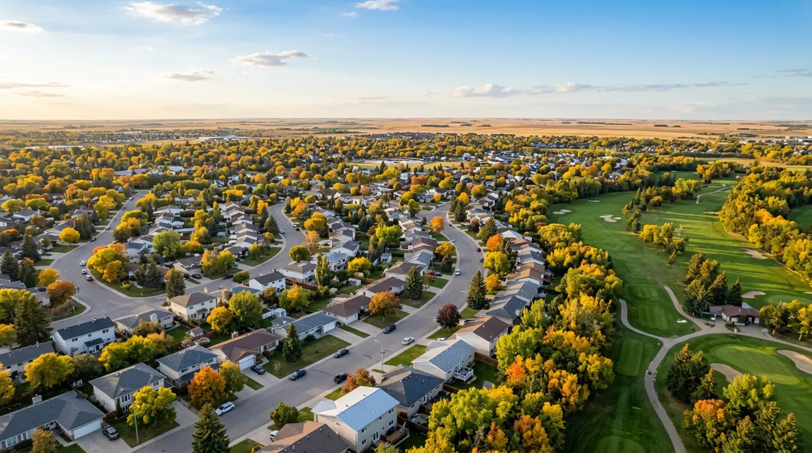 Aerial of East College Park crescents with detached homes and gold fall trees beside a golf course