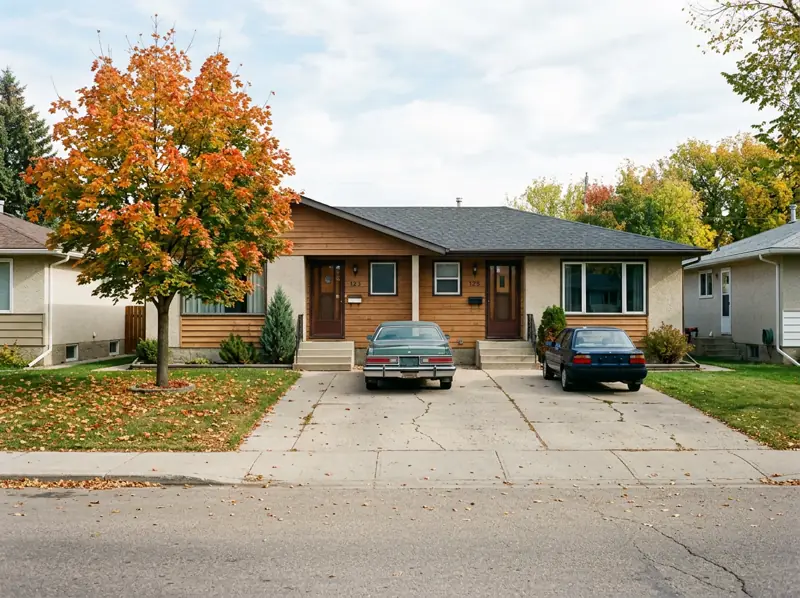 1970s side-by-side duplex with twin driveways and an orange fall tree in Eastview, Saskatoon