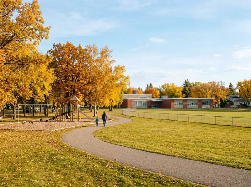 Park playground and open field with gold fall trees beside a school ground in Eastview