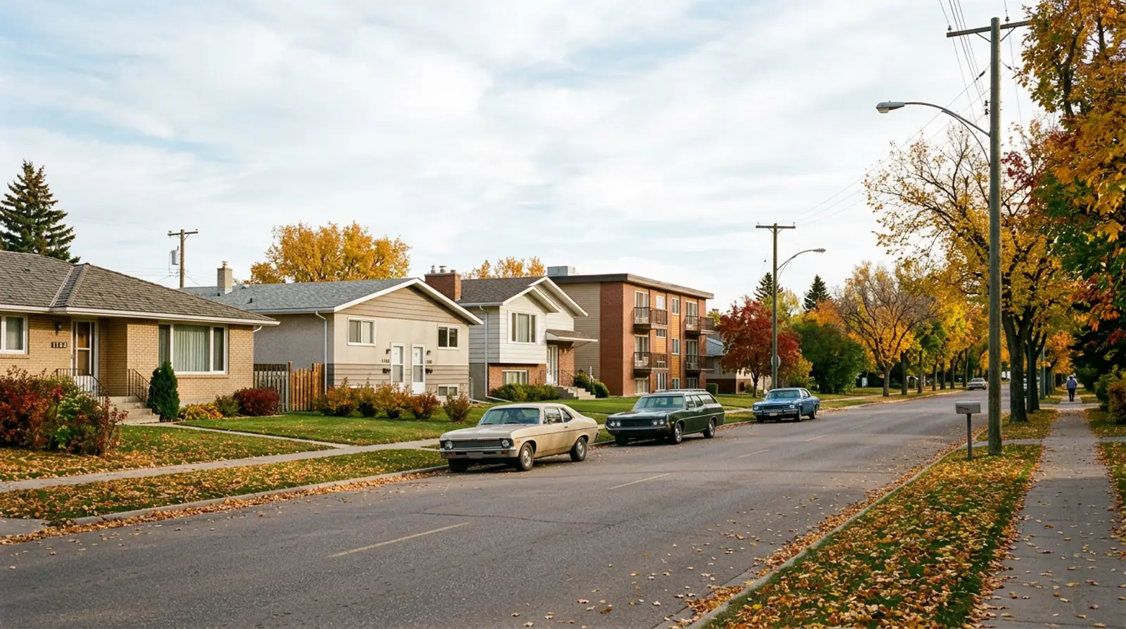 Eastview street of 1960s bungalows, side-by-side duplexes and yellow fall trees in Saskatoon