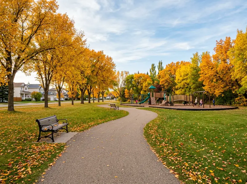 Paved park path with playground and golden fall trees in Erindale, Saskatoon