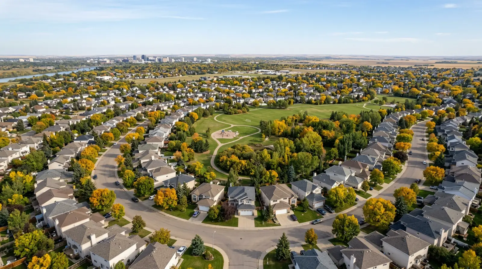 Aerial view of 1980s and 1990s detached homes on curving crescents with fall trees in Erindale, Saskatoon