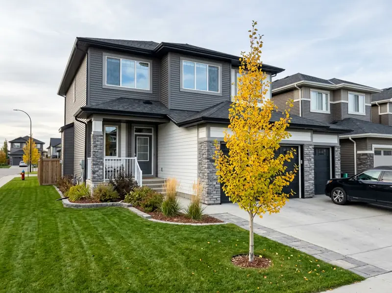 Modern two-storey home with stone accents and young fall tree in Evergreen, Saskatoon