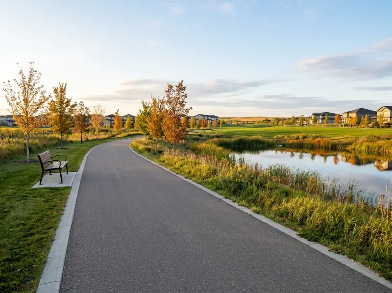 Paved walking path beside a pond and park with young fall trees in Evergreen, Saskatoon