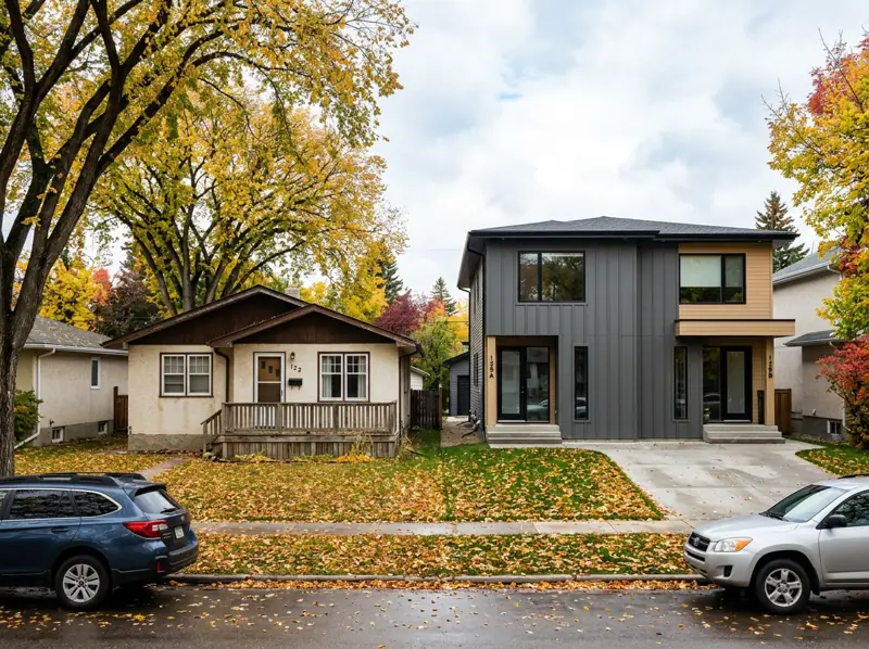 1950s stucco bungalow beside a newer semi-detached home with fall leaves in Exhibition, Saskatoon