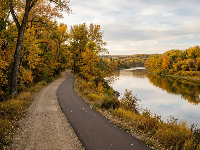 River valley trail with golden cottonwoods along the river near Exhibition, Saskatoon