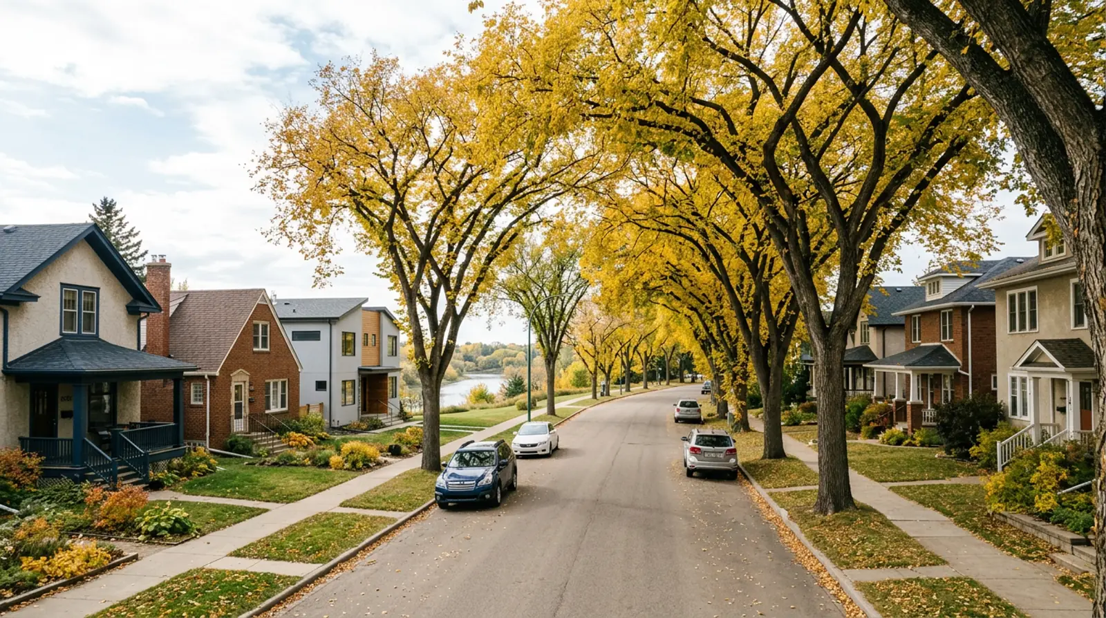 Older bungalows and duplexes under golden fall elms on a street in Exhibition, Saskatoon