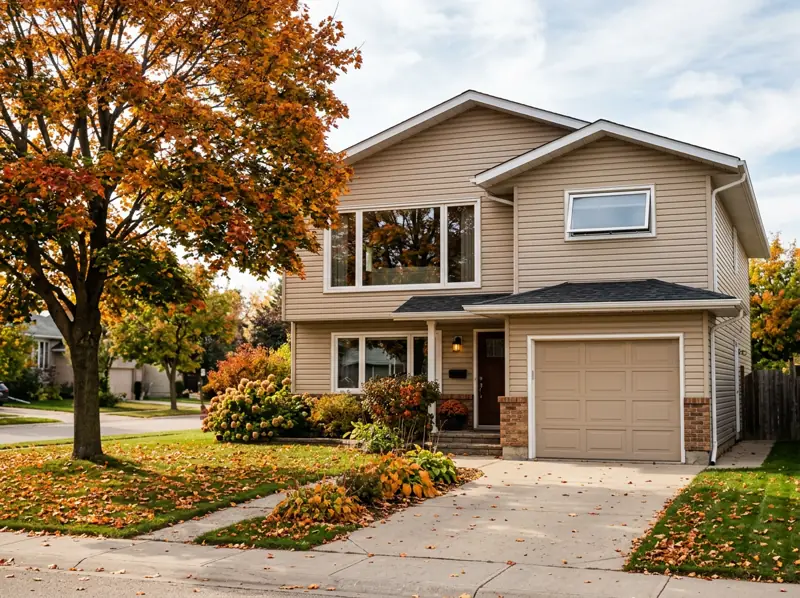 1970s bi-level home with attached garage and orange fall tree in Fairhaven, Saskatoon
