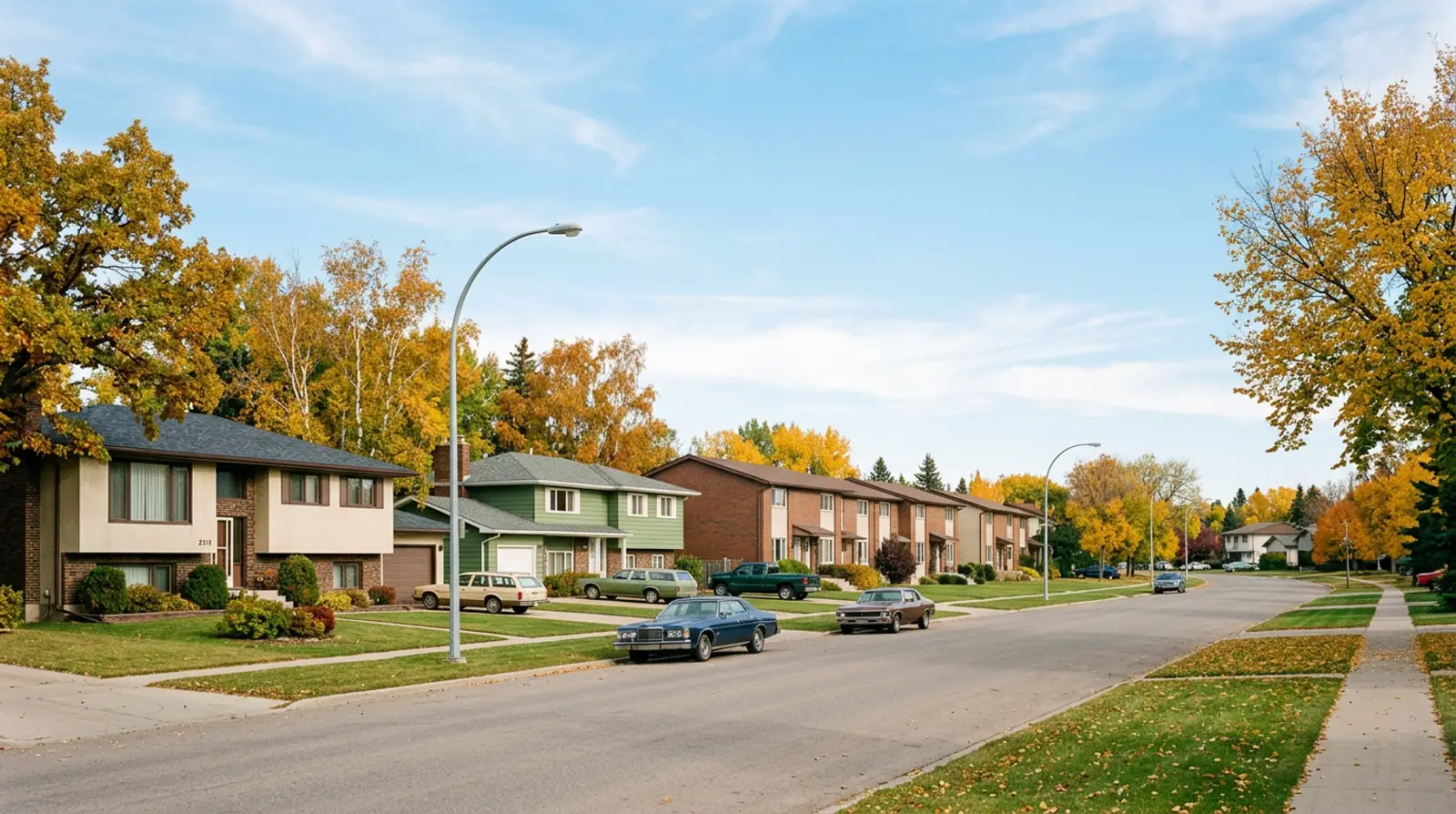 1970s bi-level homes and townhouses with mature fall trees on a street in Fairhaven, Saskatoon