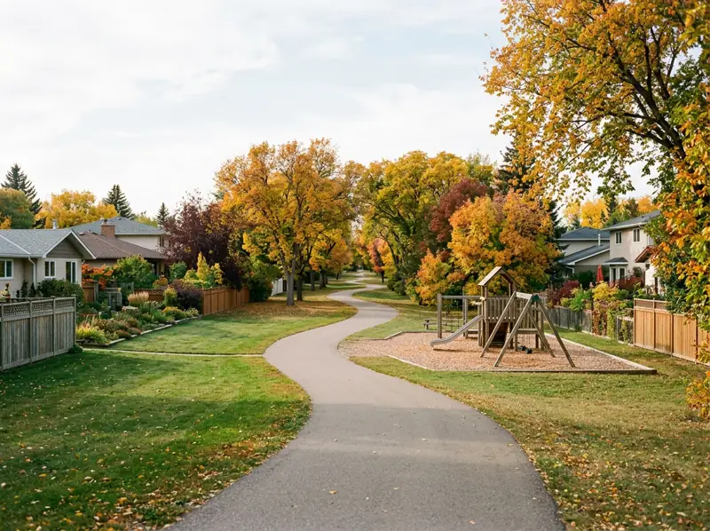 Paved path through a linear green park with fall trees in Forest Grove, Saskatoon