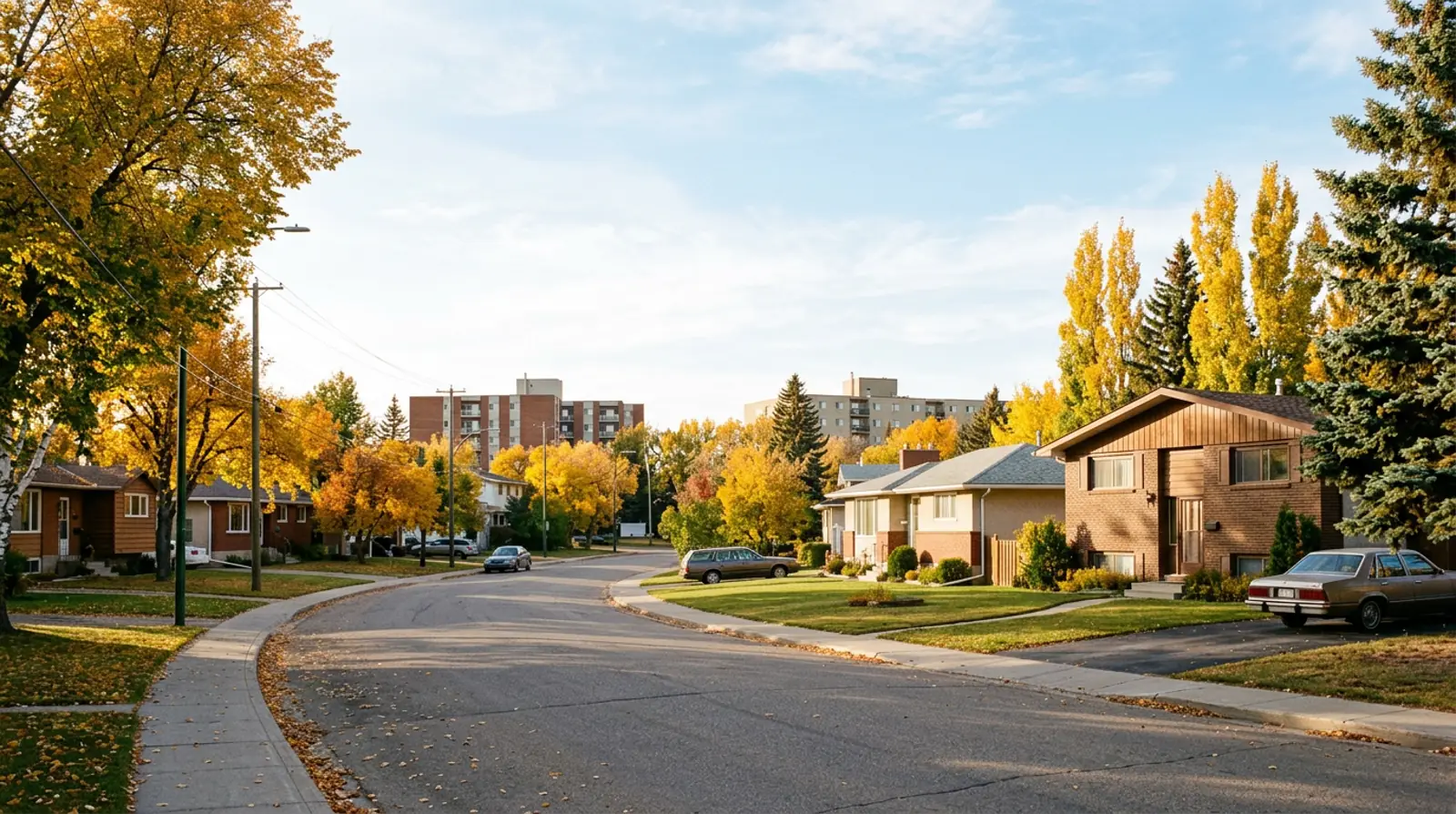 1970s and 1980s bungalows and split-levels under golden fall trees on a street in Forest Grove, Saskatoon