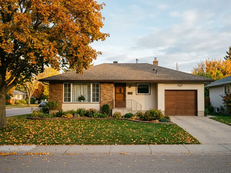 1970s brick and stucco bungalow with attached garage and fall leaves on the lawn in Greystone Heights