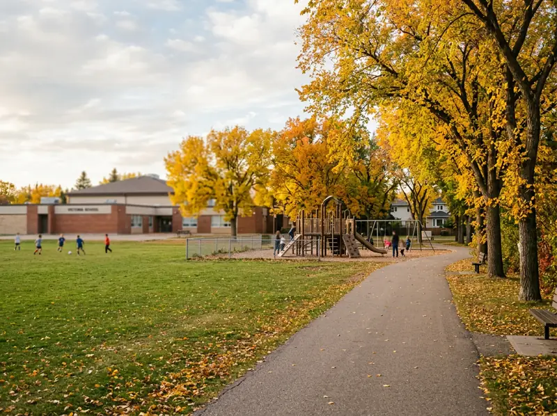 School field, playground and tree-lined path in yellow fall colours in Greystone Heights, Saskatoon