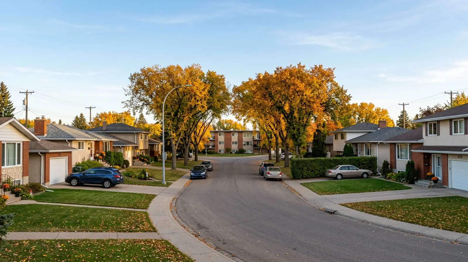 Curving Greystone Heights crescent of 1960s bungalows and split-levels under gold fall trees in Saskatoon