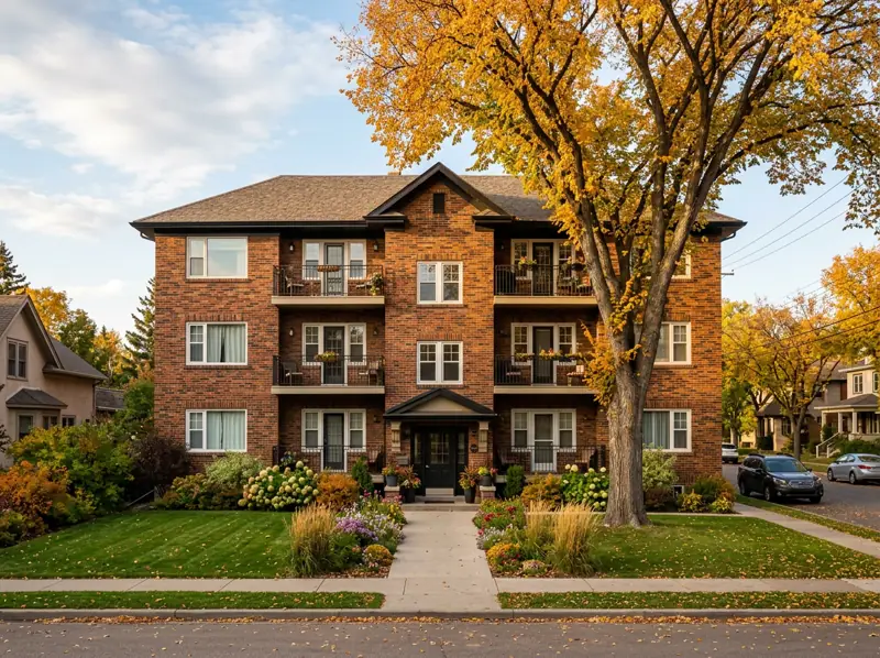 Three-storey brick low-rise condo building with balconies and a gold fall tree in Grosvenor Park
