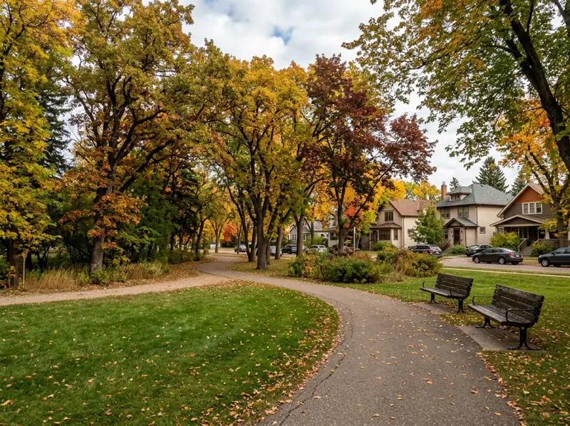 Small park with benches and a paved path under yellow and orange fall trees in Grosvenor Park