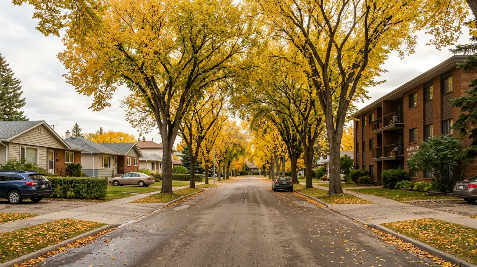 Grosvenor Park street with 1950s houses and a brick low-rise apartment under yellow fall trees, Saskatoon